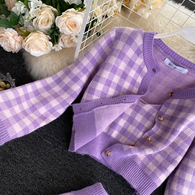 Women's Plaid Camisole Knit Cardigan Short High Waist Skirt