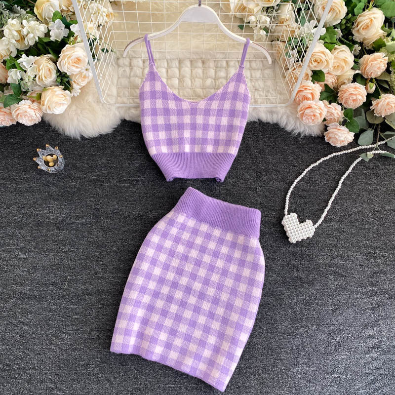 Women's Plaid Camisole Knit Cardigan Short High Waist Skirt