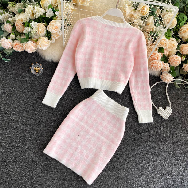 Women's Plaid Camisole Knit Cardigan Short High Waist Skirt