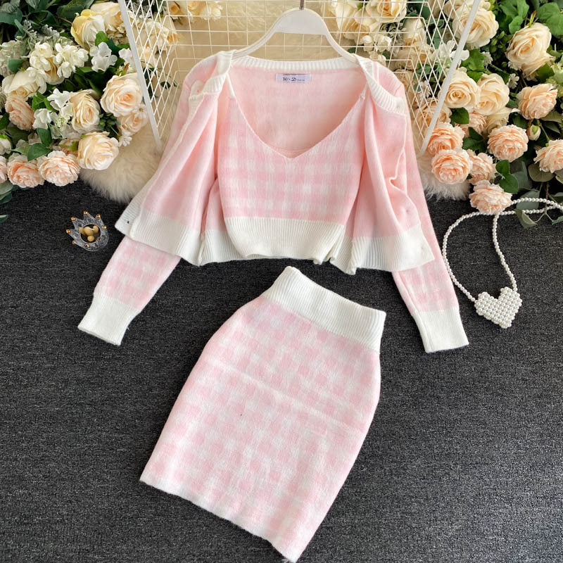 Women's Plaid Camisole Knit Cardigan Short High Waist Skirt