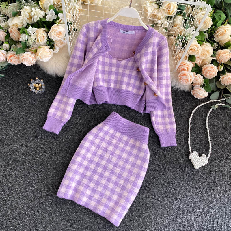 Women's Plaid Camisole Knit Cardigan Short High Waist Skirt