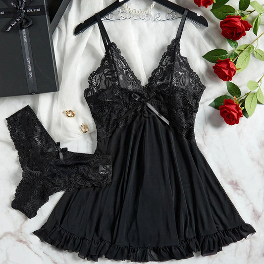 Sexy Lingerie Two-piece Lace Sling Light Mesh V-neck