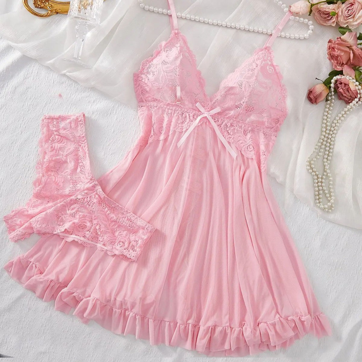 Sexy Lingerie Two-piece Lace Sling Light Mesh V-neck